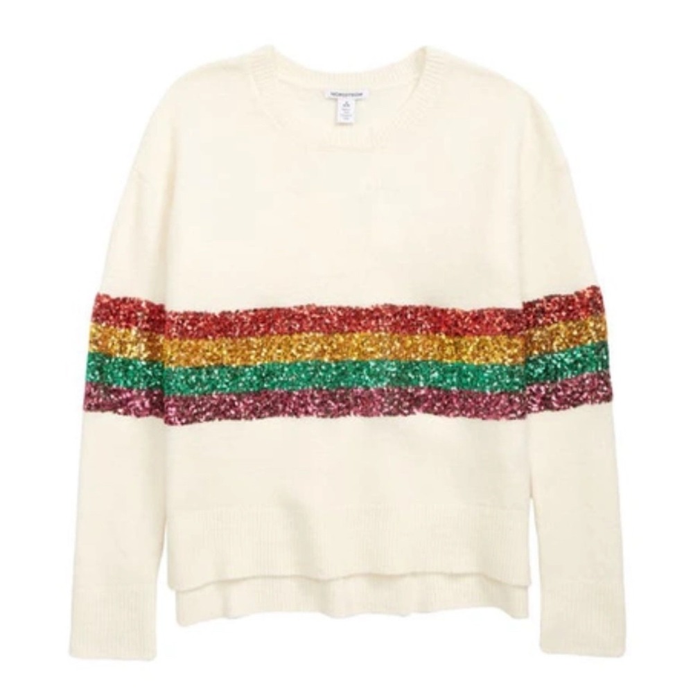 Girl's Nordstrom Medium 8-10 Merry Sparkle Sweater in Pristine Ivory
